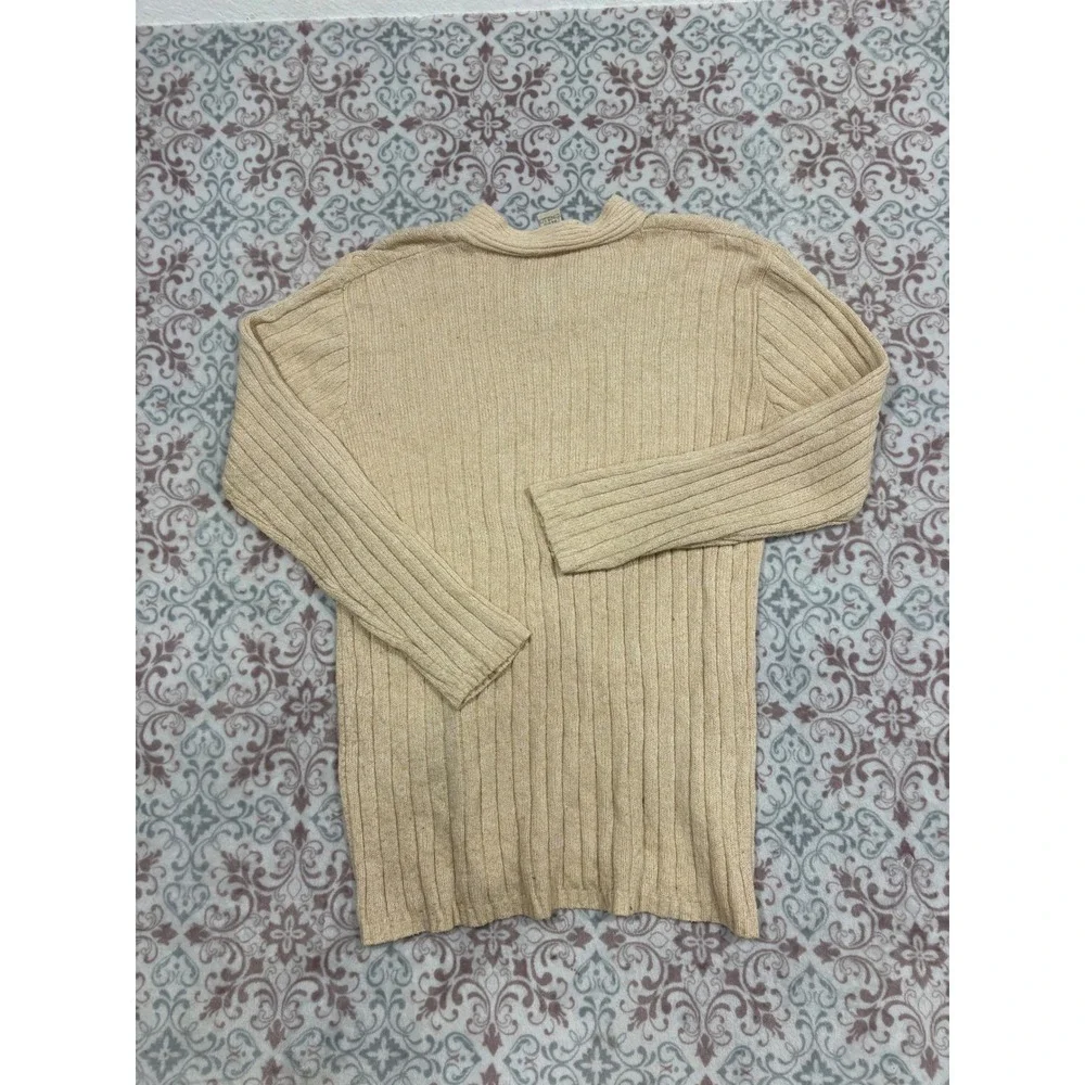 Melrose Studio Silk Blend Cable Knit V-Neck Sweater Tan Beige Medium